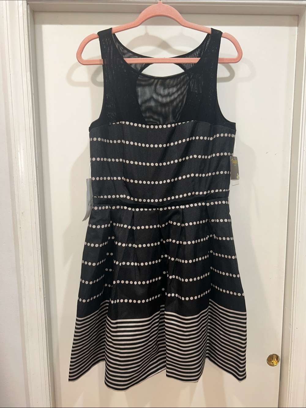 Taylor Black Midi Dress with White Dot and Stripe Accents